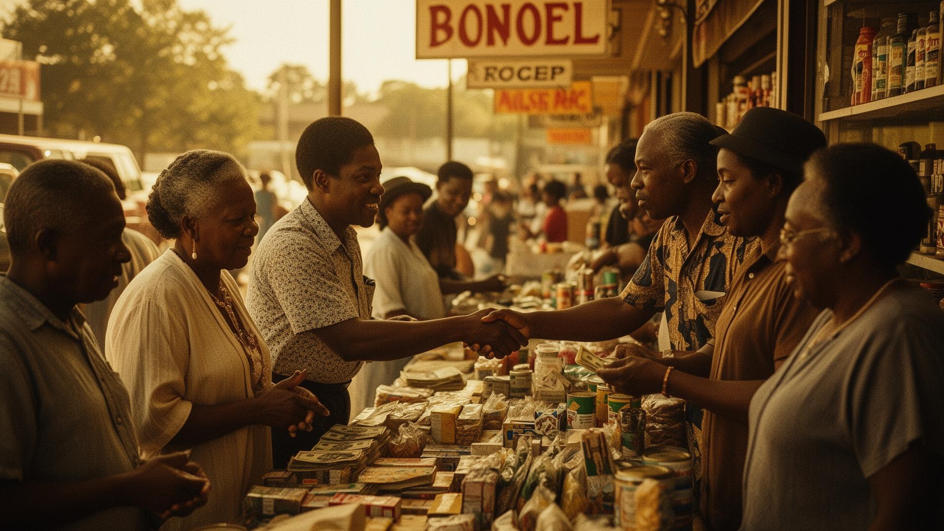 Black customers and business owners exchanging goods and conversation at a thriving local Atlanta marketplace