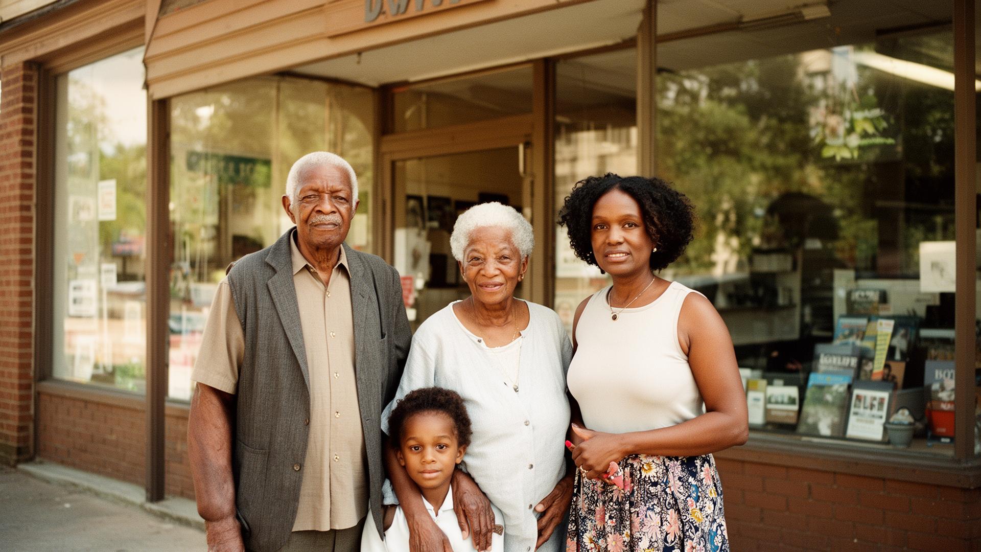 A multi-generational Black family standing proudly in front of their neighborhood business on Auburn Avenue
