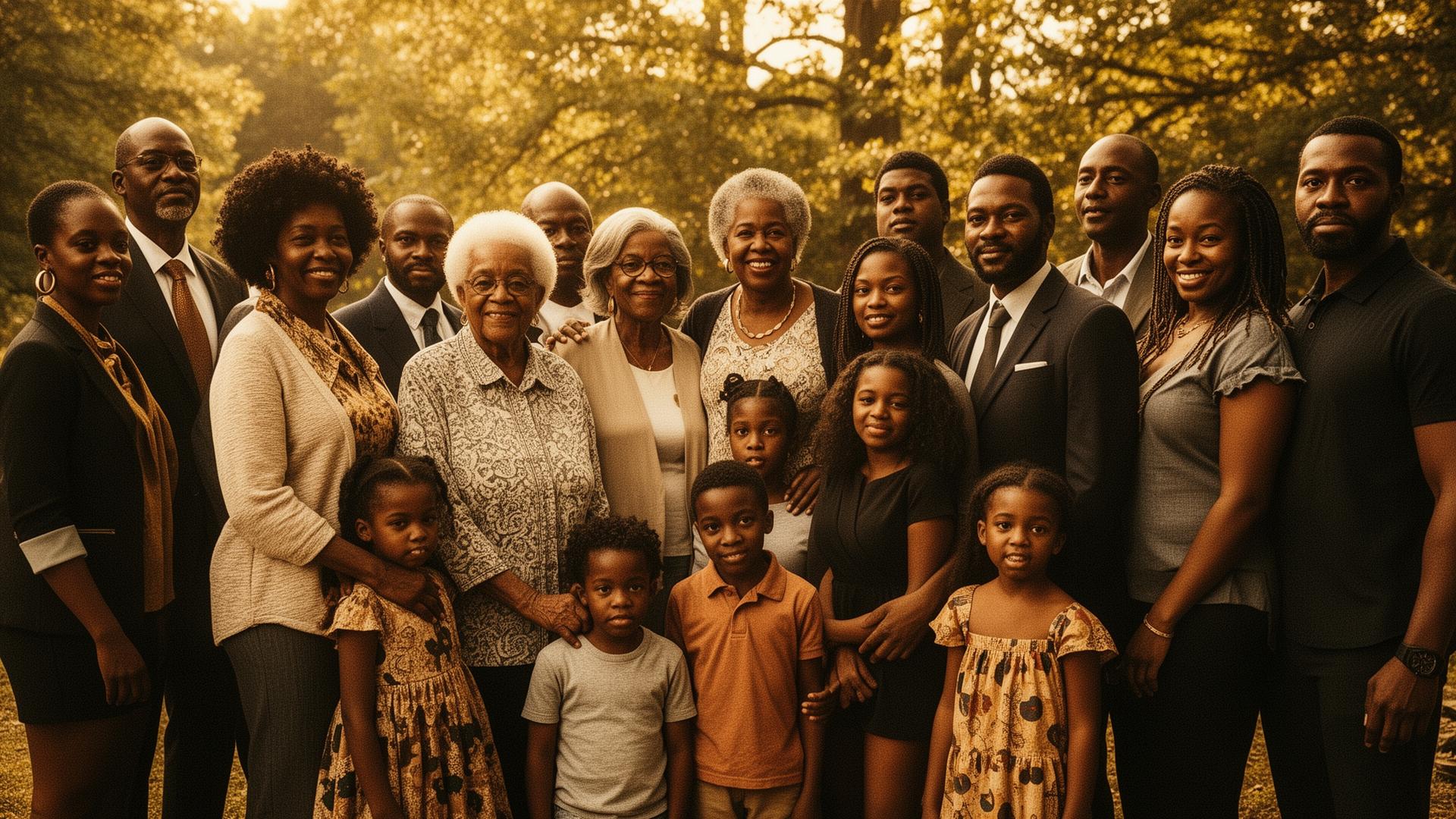 Multiple generations of a Black Atlanta family and community standing together outdoors
