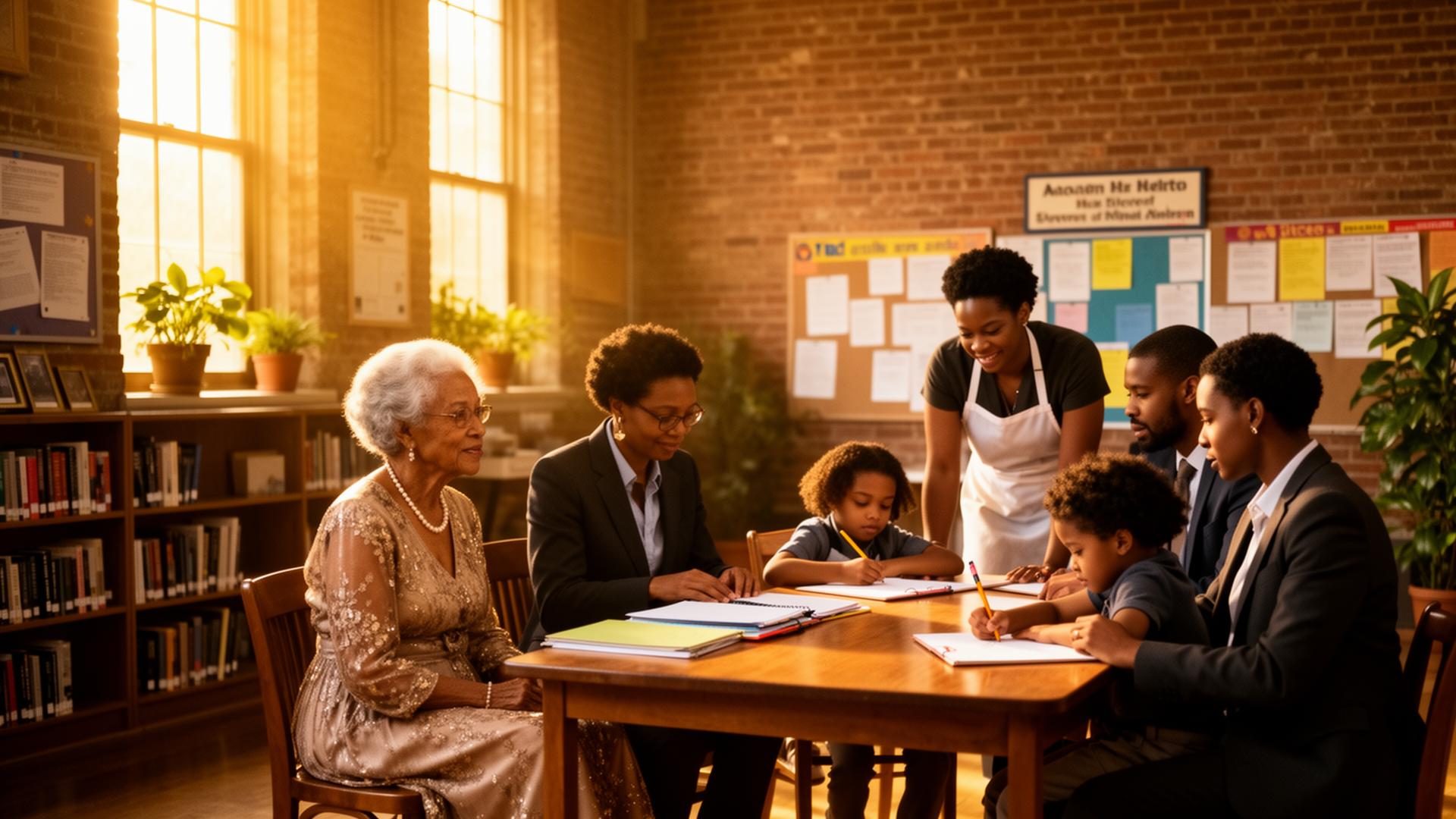 Multi-generational Black family and community members together in a historic community building, representing stability and continuity
