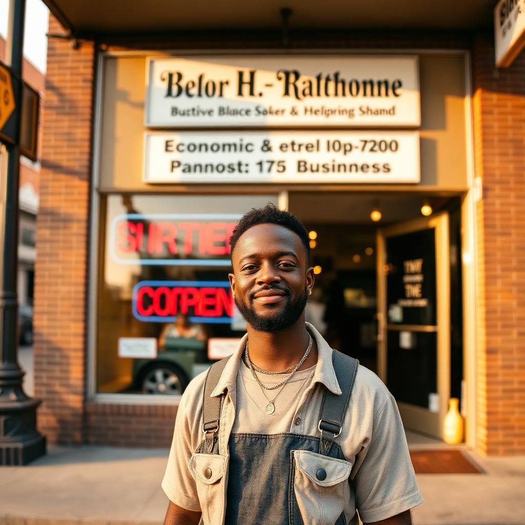 Entrepreneurs Circle: Black business owner standing proudly in front of their storefront, economic development