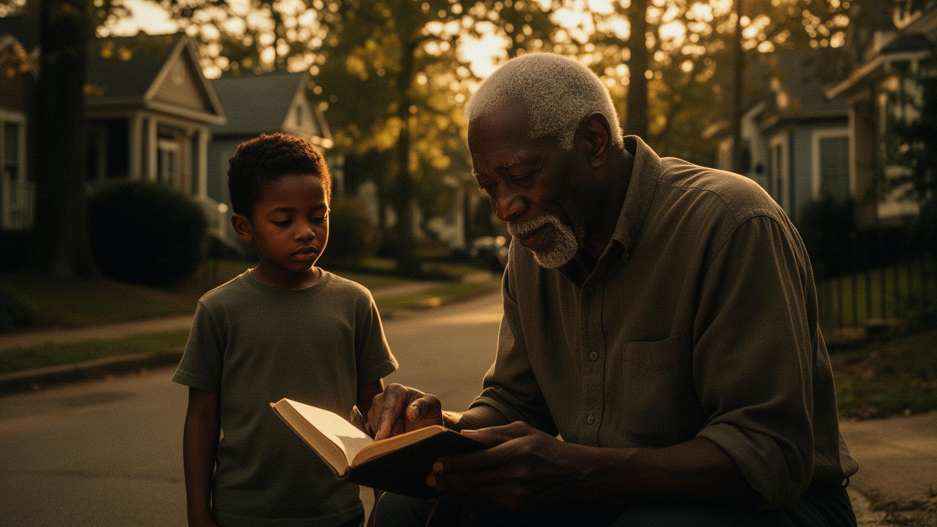 A Black elder reading with a young child, knowledge passing between generations