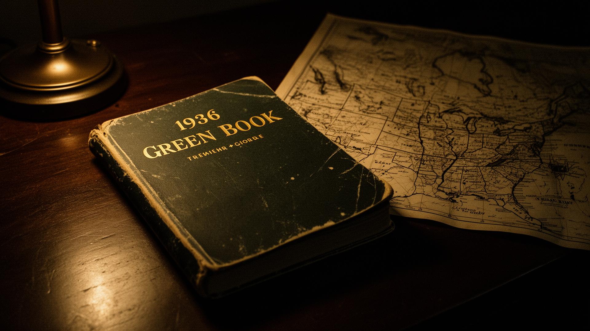A worn 1936 Green Book travel guide beside an old map of America