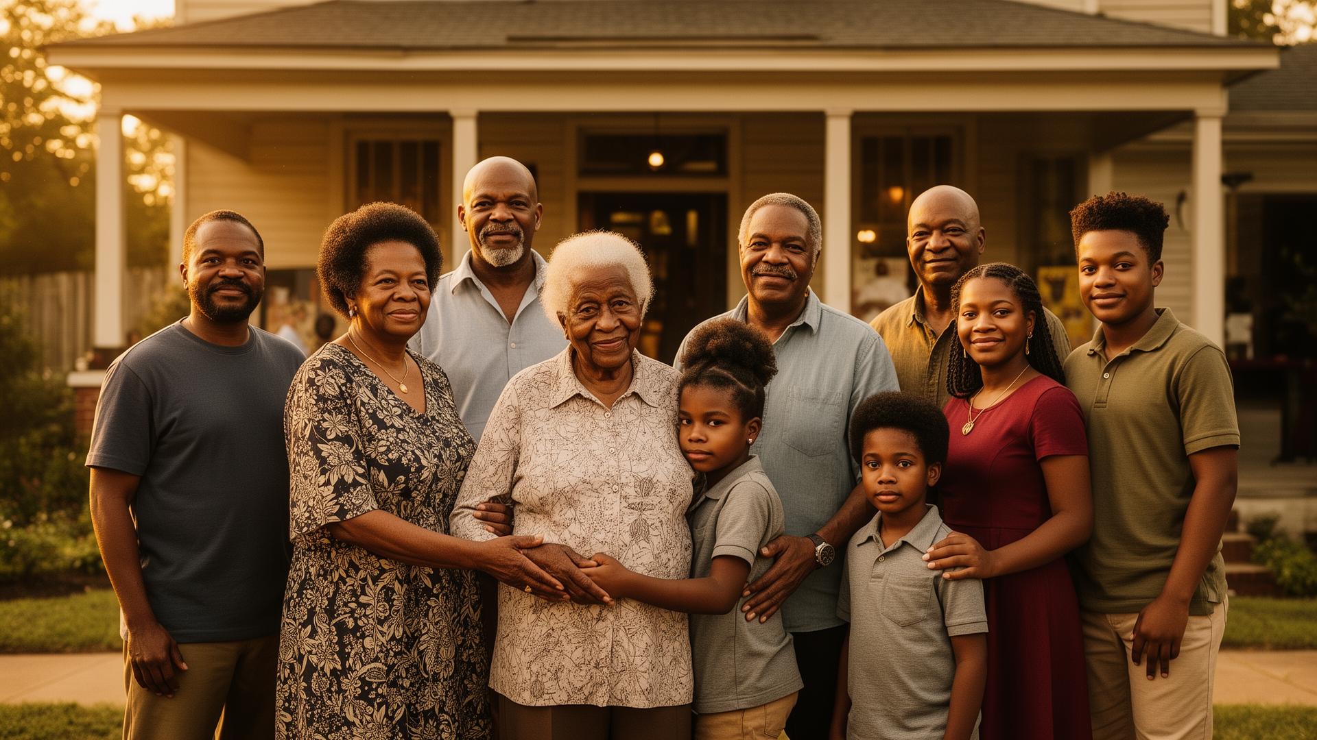 Multi-generational Black American family standing together in community